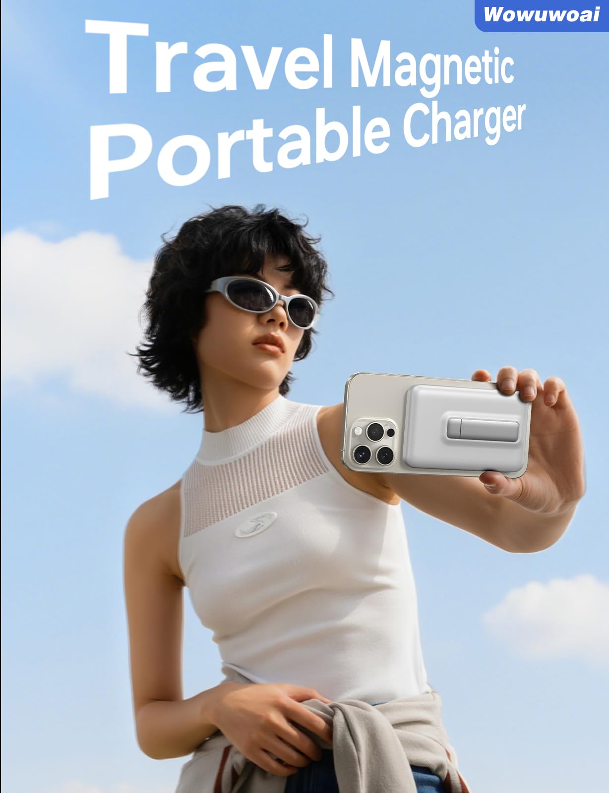 Caricabatterie portatile, power bank wireless da 10000mAh con supporto, bianco