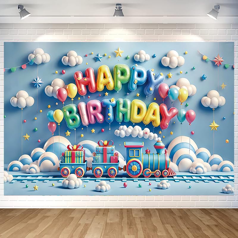 Blue Train Happy Birthday Backdrop Banner Cute Blue Photography Background for Boys Kids Home Outdoor Birthday Party Decoration Supplies 70.8 x 47.2