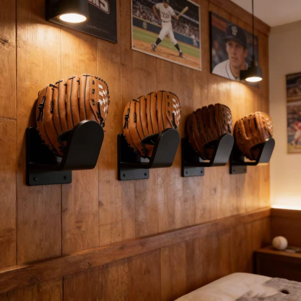 Baseball Glove Stand Vertical Holder Baseball/Softball Wall Mount Display No-Drill Preserves Shape Sports Organizer Decor for Bedroom Man Cave Locker Room Ideal Gift for Players (4, Black)