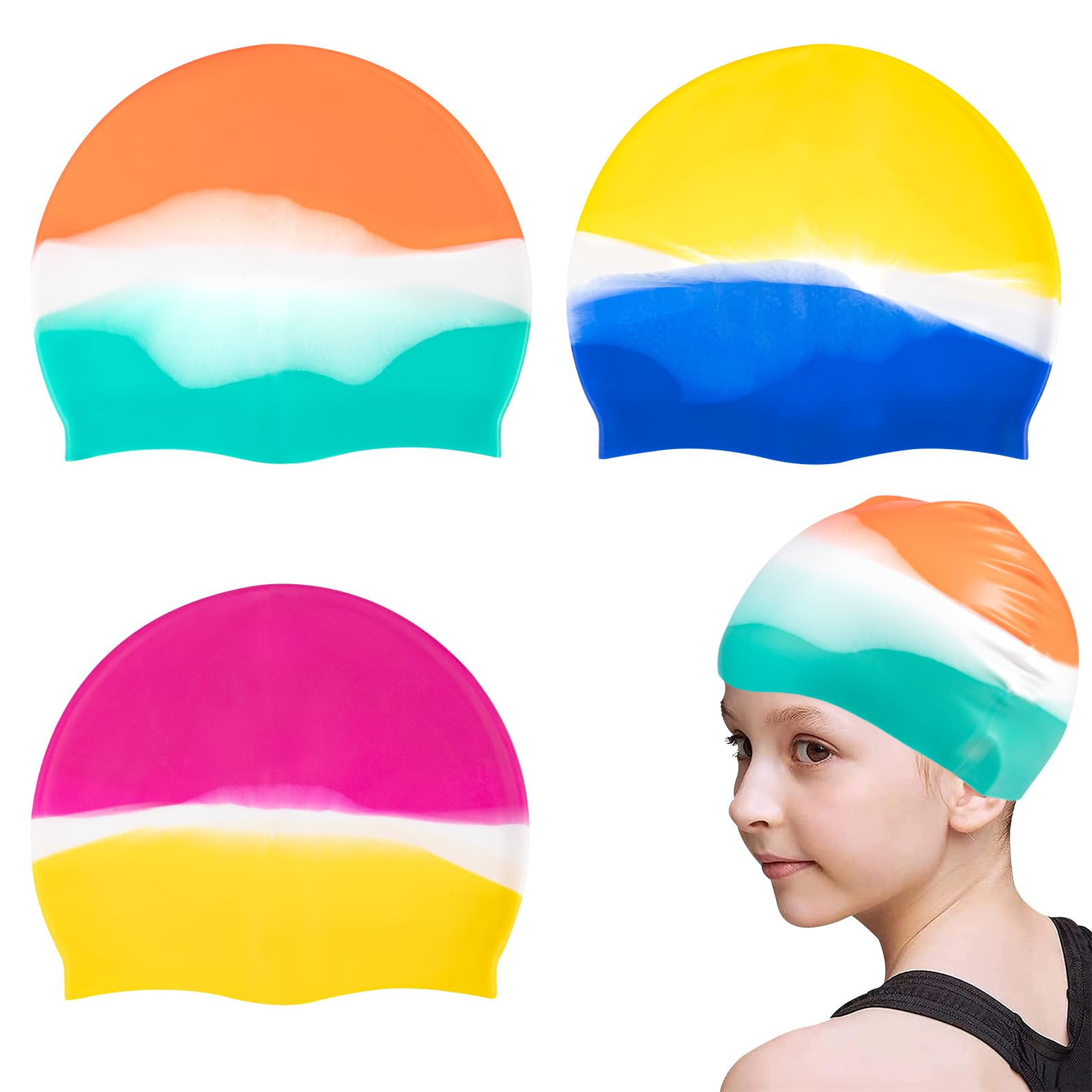 3 Pack Silicone Swimming Cap Kids Durable and Odour Free Swim Hat 3D Ergonomic Design Anti-Slip Waterproof Elastic Swim Cap for Long Hair Adults Girls Boys Teens Children Bathing Swimming