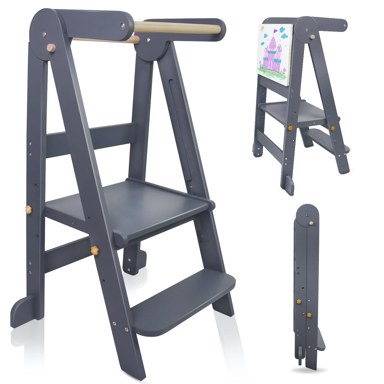 Uuoeebb Foldable Learning Tower with 3 Adjustable Height, Wooden Step Stool for Kids, Folding Learning Tower for Child with Magnetic Whiteboards, Ideal for Kitchen Counter Helper