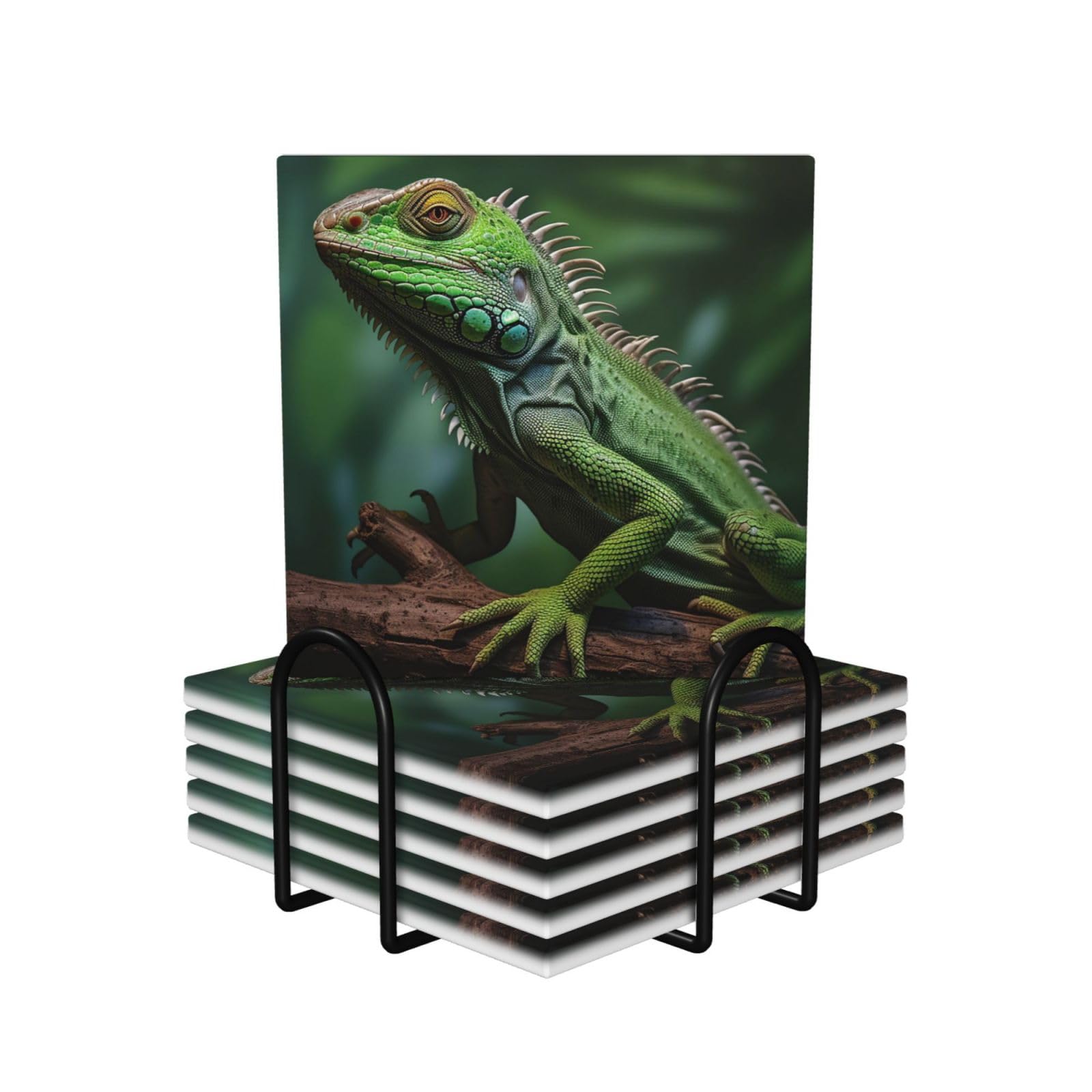 Drink Coasters Set of 6 Non-Slip Ceramic Coasters with Holder Green Lizard on Tree Coasters for Drinks Tabletop Protection Cups Mugs Mat Pads for Coffee Table Bar Home Decor