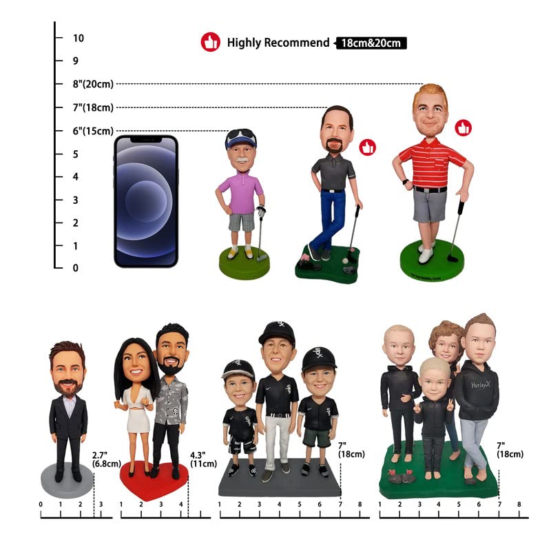 Figuras Bobble-Heads de hombre golfista con camiseta púrpura, muñecas personalizadas, figuras a medida, regalo de cumpleaños hecho a mano para papá, amigo, empresario, colega
