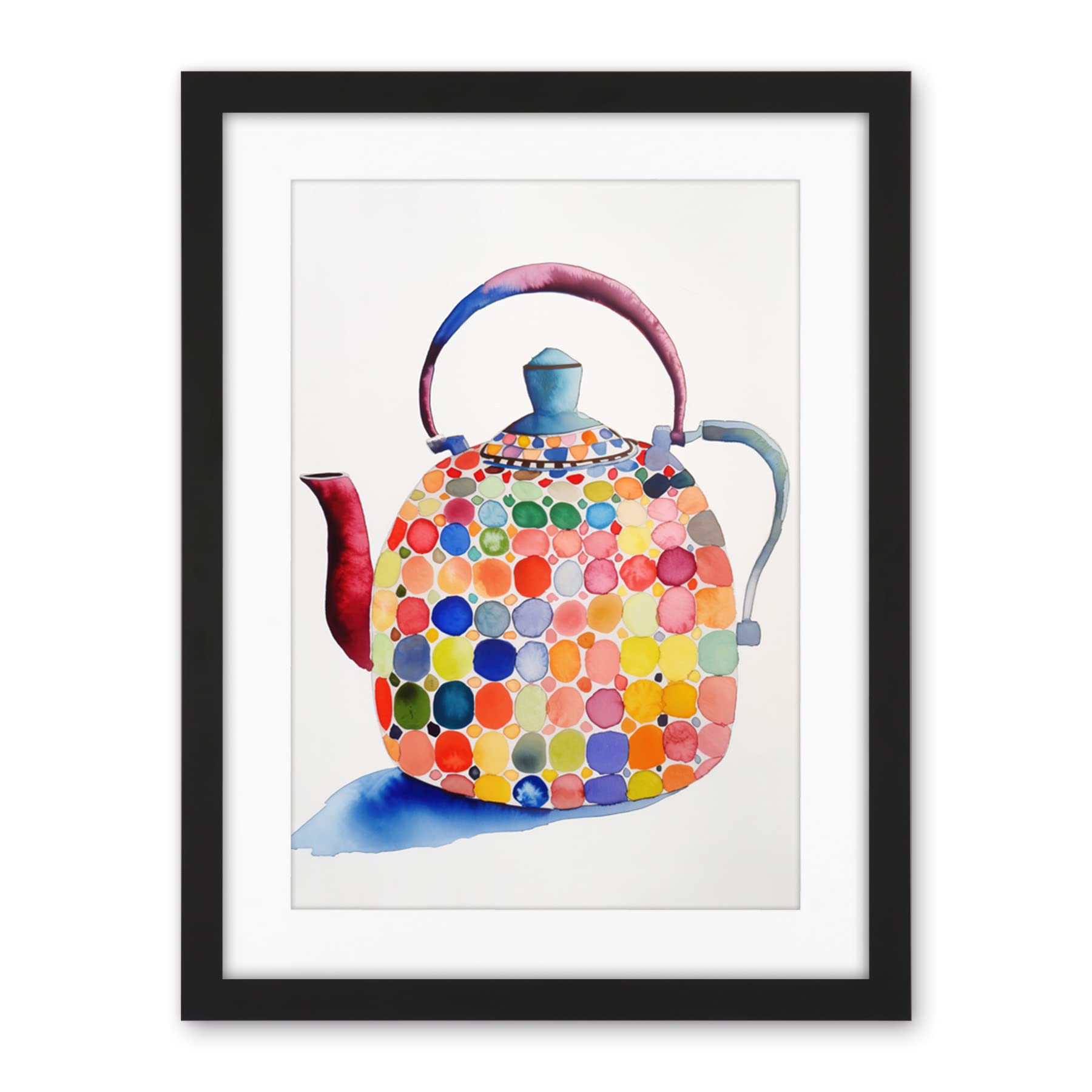 Artery8 Colourful Enamelled Teapot Tea Kettle Folk Art Watercolour Painting Artwork Framed Wall Art Print 18X24 Inch