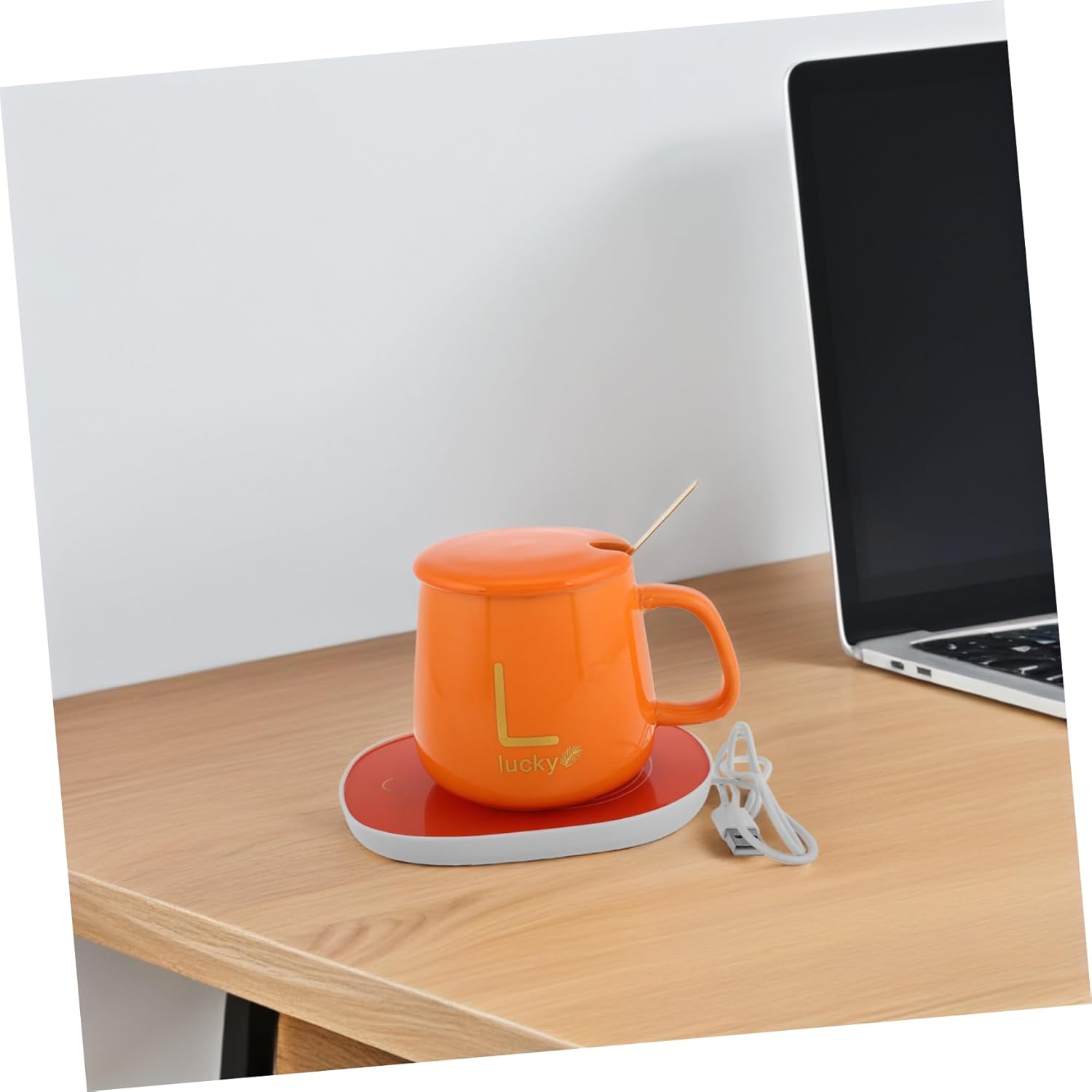 1set Electric Coffee Warmer Set with Mug Lid and Spoon Practical Auto Heating Beverage Warmer for Christmas and Birthdays