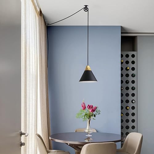Miniatura 4 de Kiven Lámpara colgante de polea enchufable, luz colgante ajustable con cable de interruptor de atenuación de 15 pies, pantalla de aluminio macarón,