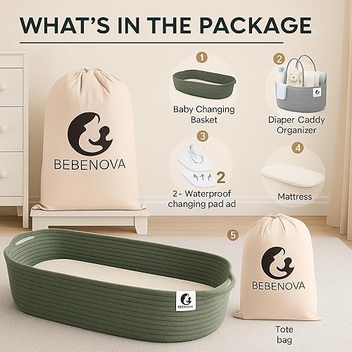 Miniatura 2 de BEBENOVA - Cesta cambiadora de bebé con 02 fundas impermeables y cambiador de bebé, cesta de pañales y bolsa de algodón, cubremesa cambiador