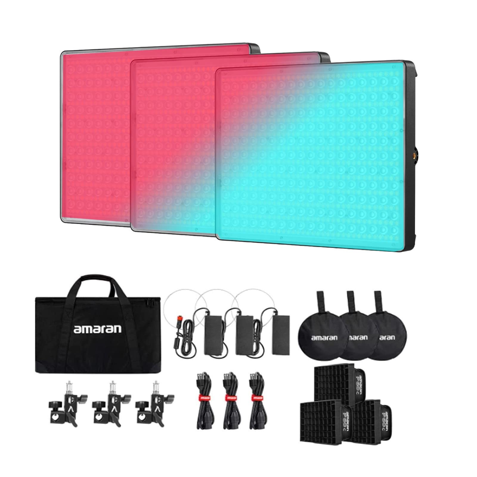 Aputure Amaran P60C 3-Light Kit, 60W RGBWW LED Video Light Panel 2500K-7500K 10 Light Effects Sidus Link APP Support