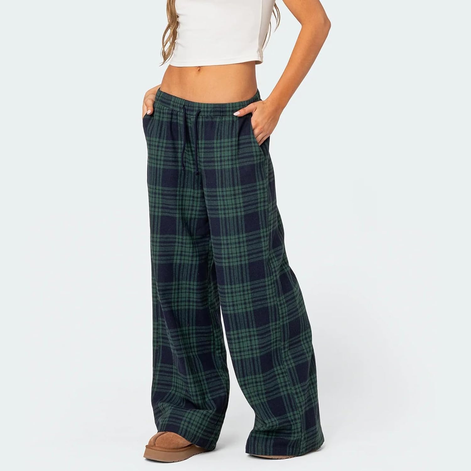 Women's Y2k Plaid Wide Leg Pants Gingham High Rise Pajama Bottoms Elastic Waist Loose Lounge Pants Casual Trousers - Image 4