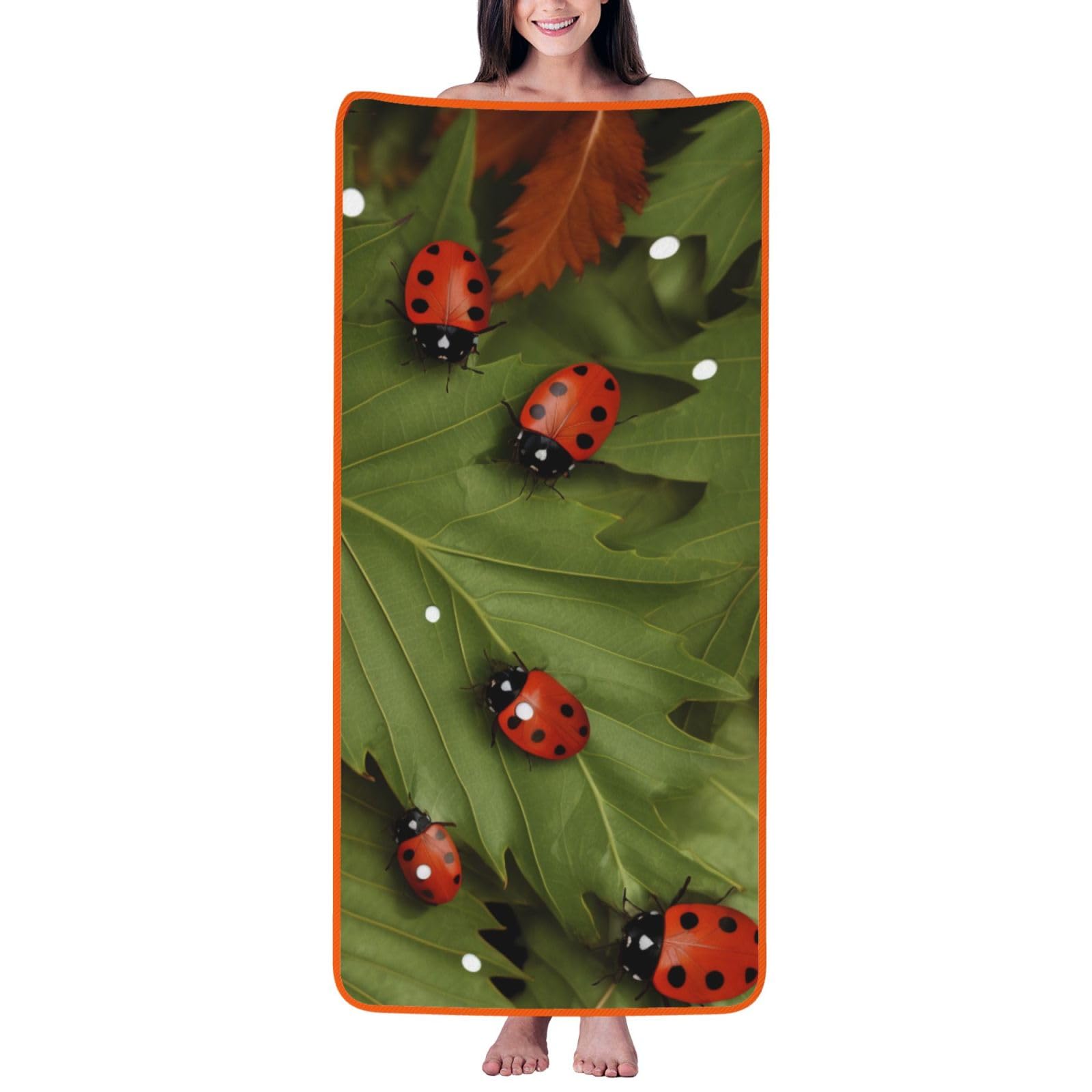 WPKJU Leaves and Ladybugs Printed Bath Towel with Orange Edging - 27x55 in Soft Extra Absorbent Coral Velvet Shower Towels for Bathroom