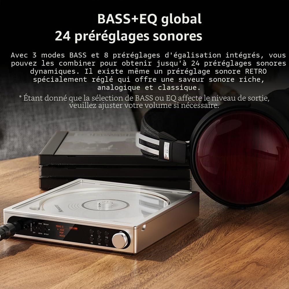 FiiO Lecteur CD stéréo portable DM15 avec véritable DAC R2R 24 bits, sortie haute puissance 1150 mW + 1150 mW, émetteur Bluetooth adaptatif aptX, 24 préréglages sonores, audio Hi-Fi USB/CD, écran HD