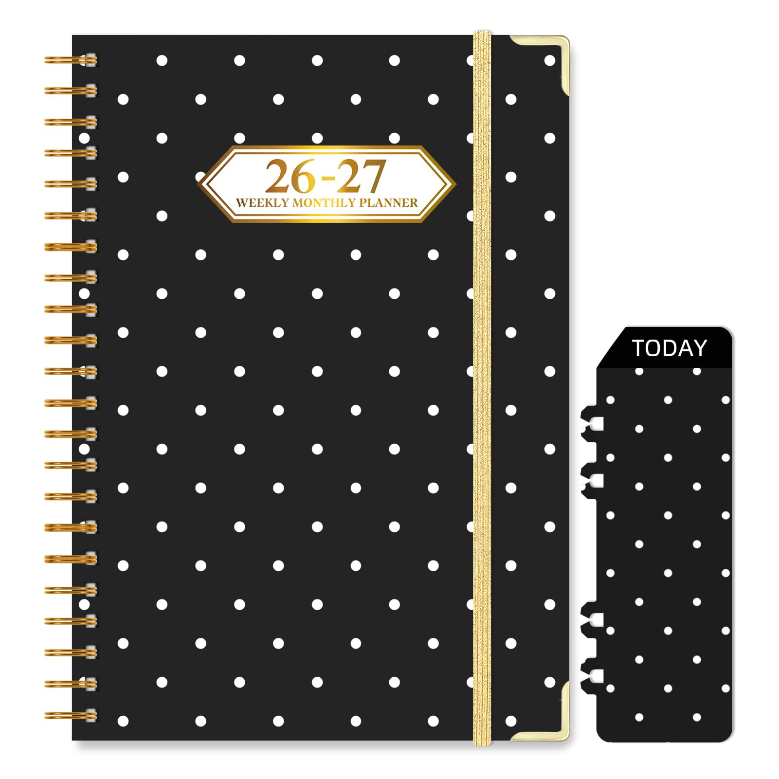 Knagsfa 2026-2027 Planner, Jul.2026-Jun.2027 Planner Weekly and Monthly 6.25"x8.5" with Page Tabs, Calendar Hardcover with Inner Pocket, Elastic Band, Twin-Wire Binding,Bookmark,Black White Polka Dots