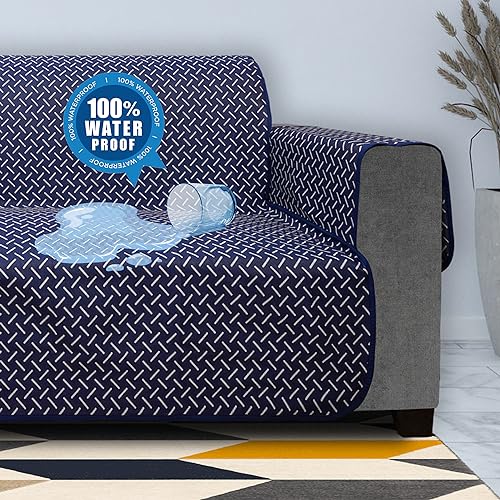 Image of DREAM KING 3 Layers 300 GSM Waterproof Reversible Sofa Cover Single Seater with Pockets | Dust Protective Soft Fabric Sofa Seat Cover Navy Blue & Grey