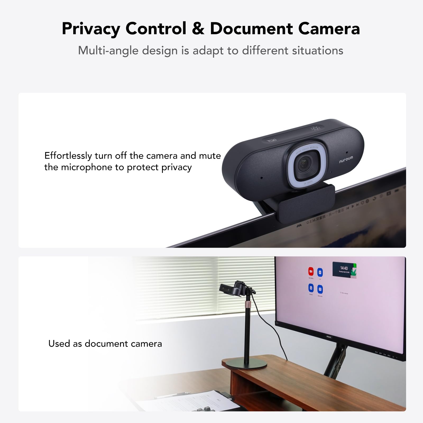 Nuroum V32-AFL Webcam 4K 8MP 1080P/60fps, 1440P/30fps CMOS con Autofocus, Luz Ajustable/Doble Micrófono con Cancelación de Ruido/Auto-Framing, Plug&Play Cámara para Streaming/Videoconferencia