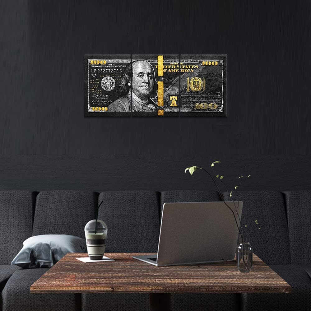 Yatsen Bridge 100 Dollars Bill Wall Art Canvas Print Office Vintage Home Decor Obsidian Franks Motivational Wall Canvas Money Art Framed Ready to Hang- 12x16in x 3Panel - Image 4