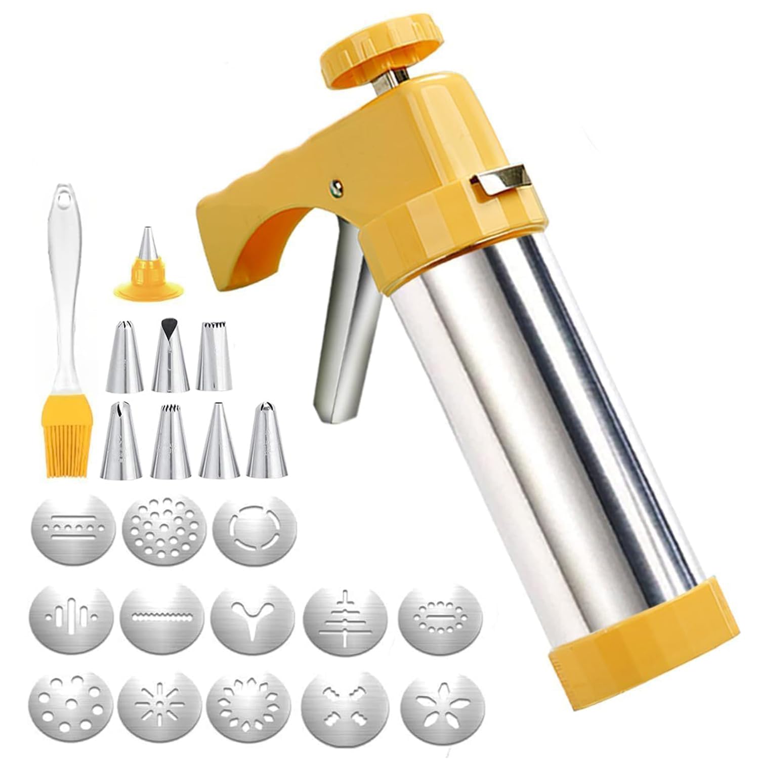 Pistola per Biscotti in Acciaio Inossidabile, Dischi per stampi per Biscotti Strumenti per Decorare Torte con 8 ugelli per tubazioni e 13 Dischi per Biscotti, Kit per Biscotti