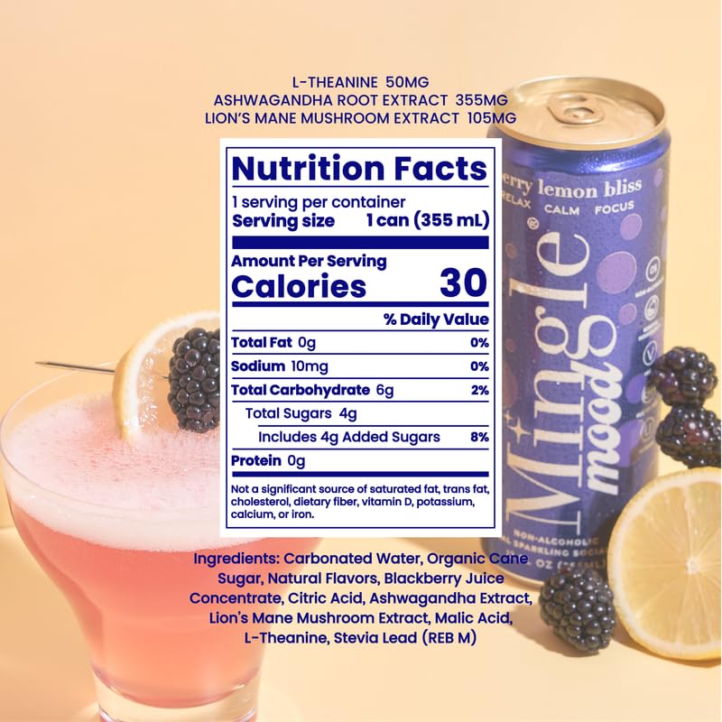 Mingle Mocktails Berry Lemon Bliss, Nootropic Non Alcoholic Drinks with Ashwagandha, L-Theanine, Lion's Mane, Adaptogens, Alcohol Alternative Pre-Mixed Mocktails, Gluten Free Vegan, 12 Pack 12 fl oz