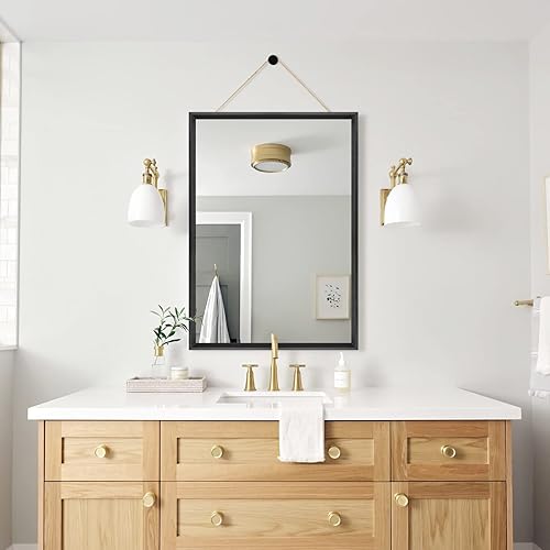 Honiway Espejo de baño negro de 24 x 36 pulgadas con marco de madera biselada, espejo rectangular con cuerda para colgar horizontal o vertical para