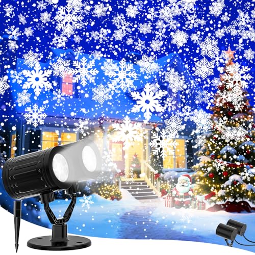 AKSDA Snowflake Christmas Projector Lights Outdoor 2025 Upgraded Double Head 360 Rotating IP65 Waterproof Timer Function - Holiday Party Christmas Decorations & Gifts for Yard Garden Indoor