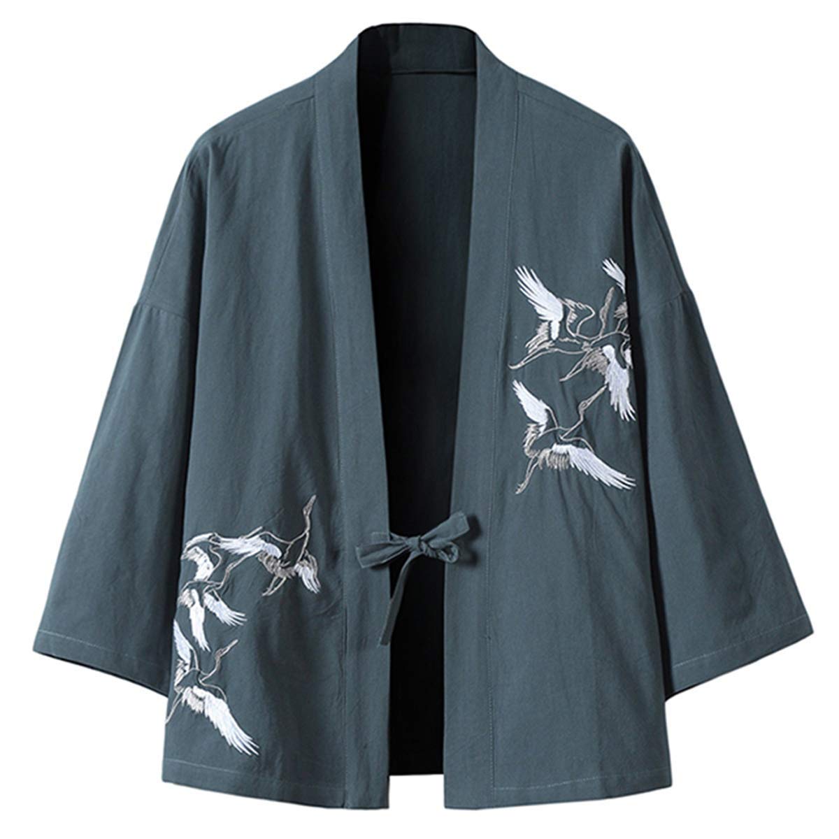 Mens Japanese Kimono Cardigan Cotton Linen Haori Fashion 3/4 Sleeve Yukata