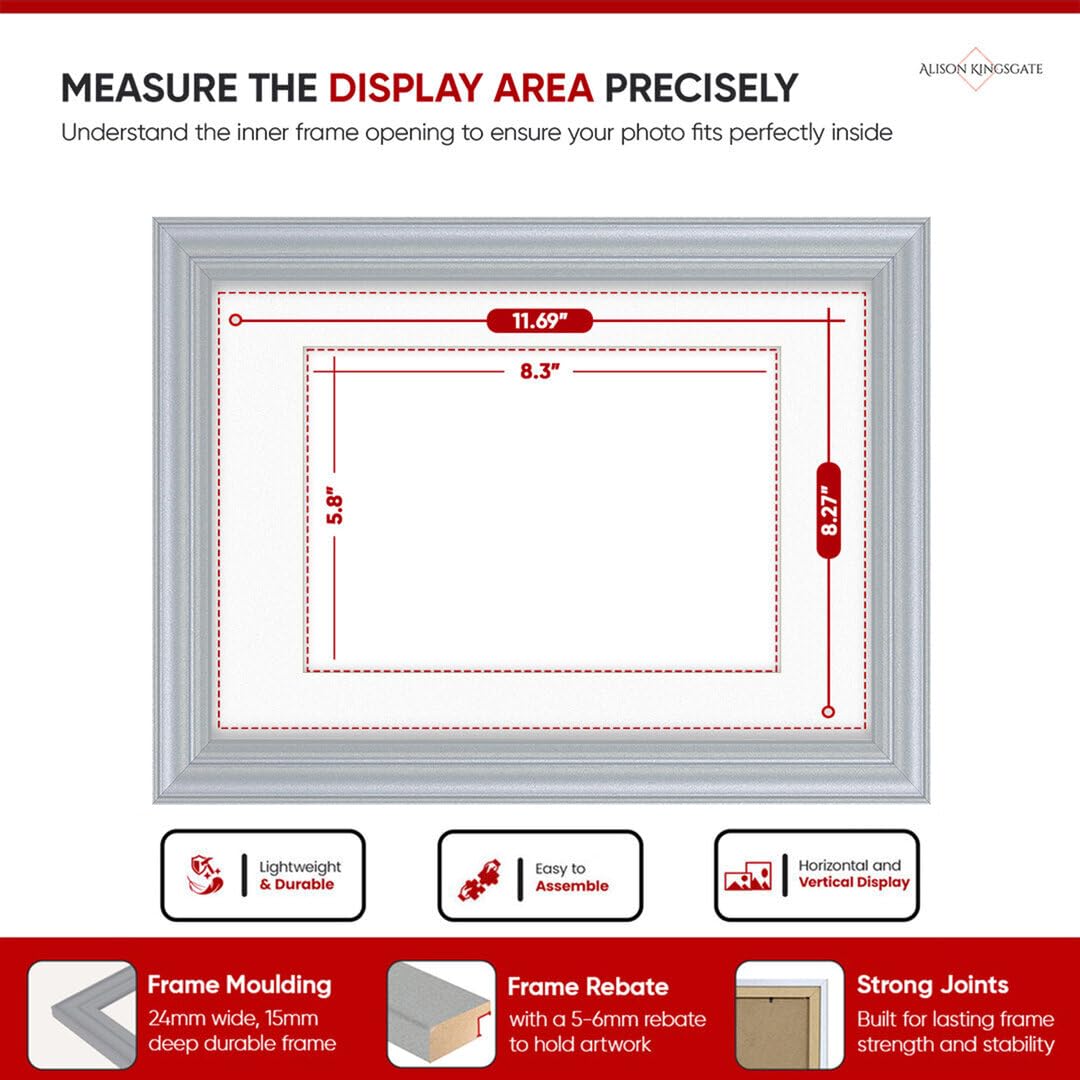 Alison Kingsgate A4 Silver Picture Frame with Mount for A5 Photos, A4 Frame With A5 Mount - Image 3