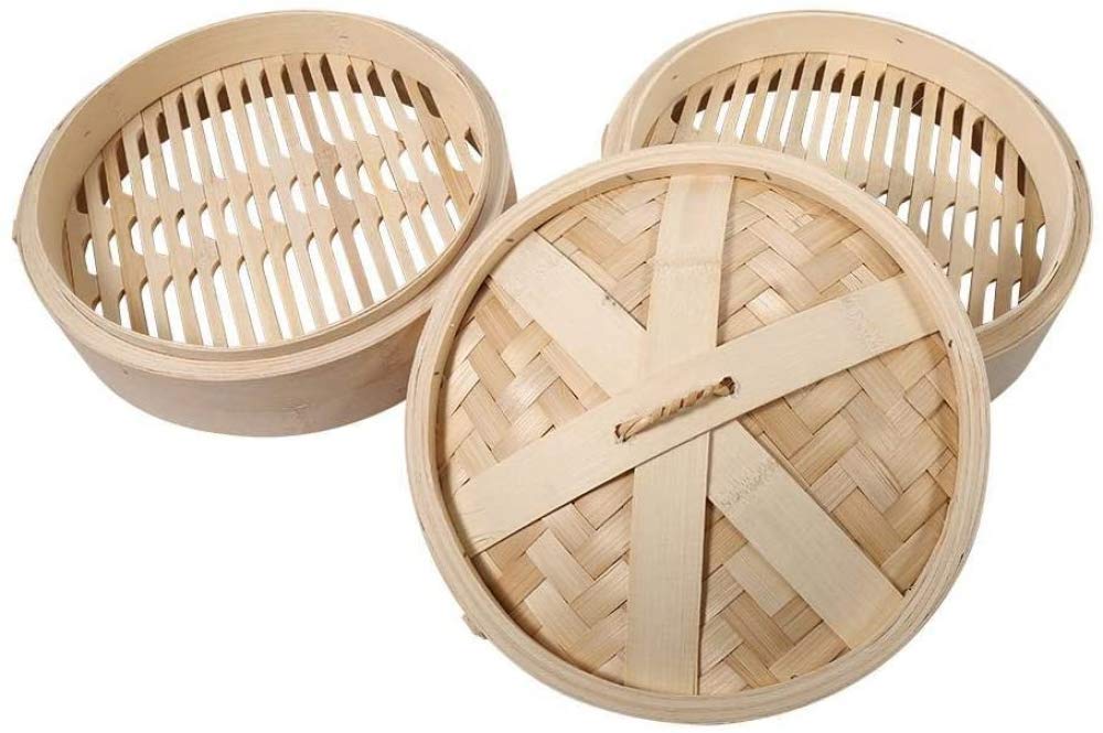 Vaporiera - 4 Dimensioni, 2 Ripiani, Cestello per La Cottura A Vapore in Bambù-24cm