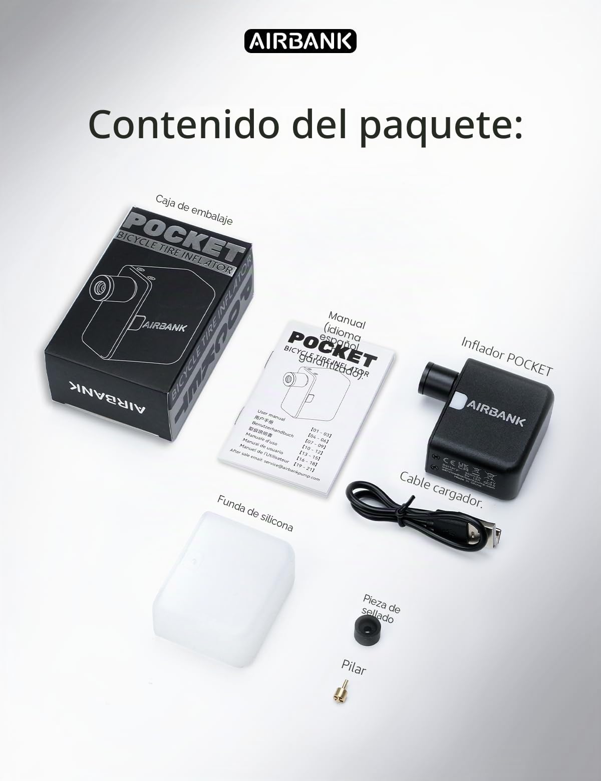 AIRBANK Bomba de Aire de Pocket para Bicicleta, Bomba eléctrica de Bicicleta, Mini compresor de batería, 97 Gramos, 100 PSI, pequeña Bomba de Bicicleta, para Todas Las Bicicletas