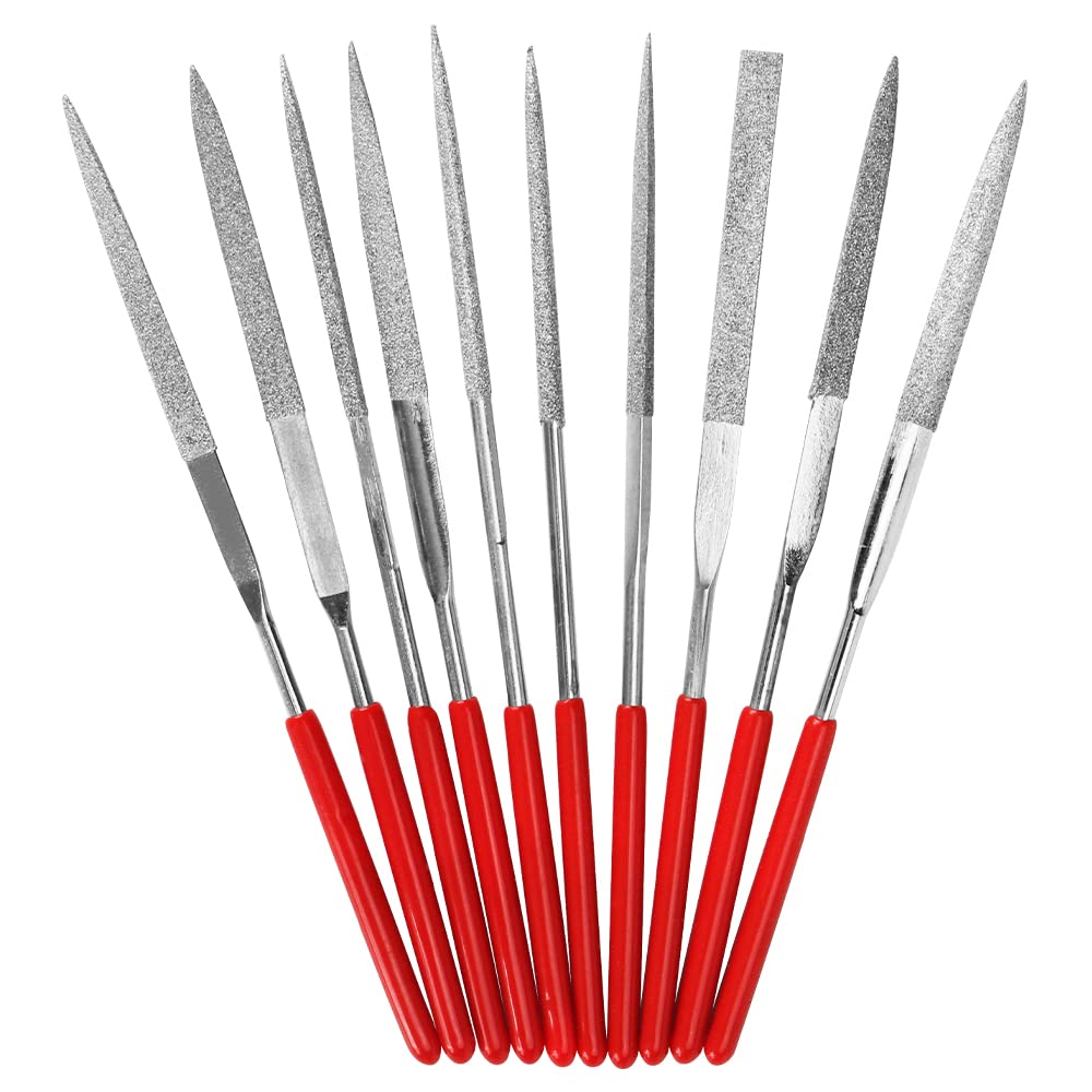 SI FANG Lot de 10 petites limes aiguilles diamantées 140 mm x 3 mm, 10 types de mini limes à aiguilles de style mixte, limes miniatures et modèles de précision revêtues de diamant, pour métal, bois,