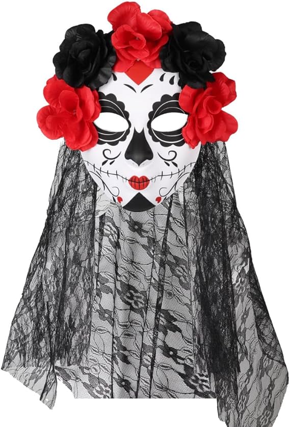 Day of The Dead Sugar Skull Mask with Veil and Rose Flower Crown Mexican Día de Los Muertos Halloween Lace Mask for Masquerade Cosplay Party Costume Accessory