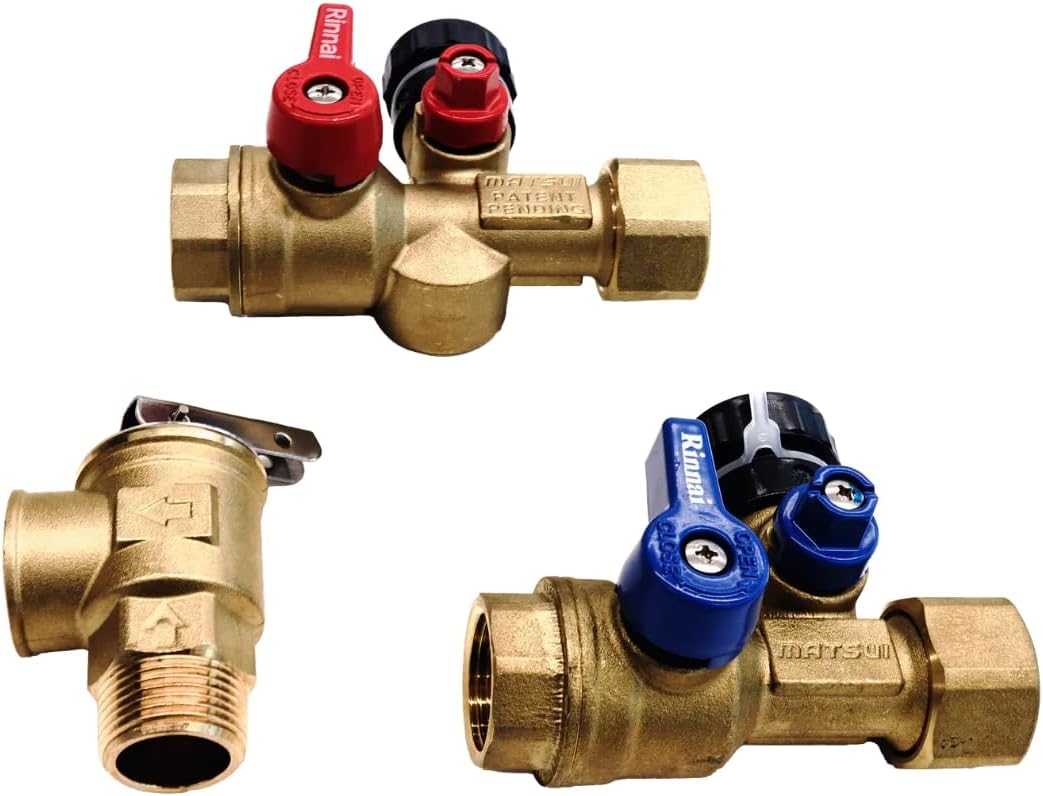 Matsui 3/4 inch, 3/4" Isolation Valve Kit with Pressure Relief Valve for Tankless Water Heater,FNPT x FNPT, Compatible with Rinnai, Jacuzzi, Rheem, Navien, Noritz, Takagi, Bosch,etc โฆ