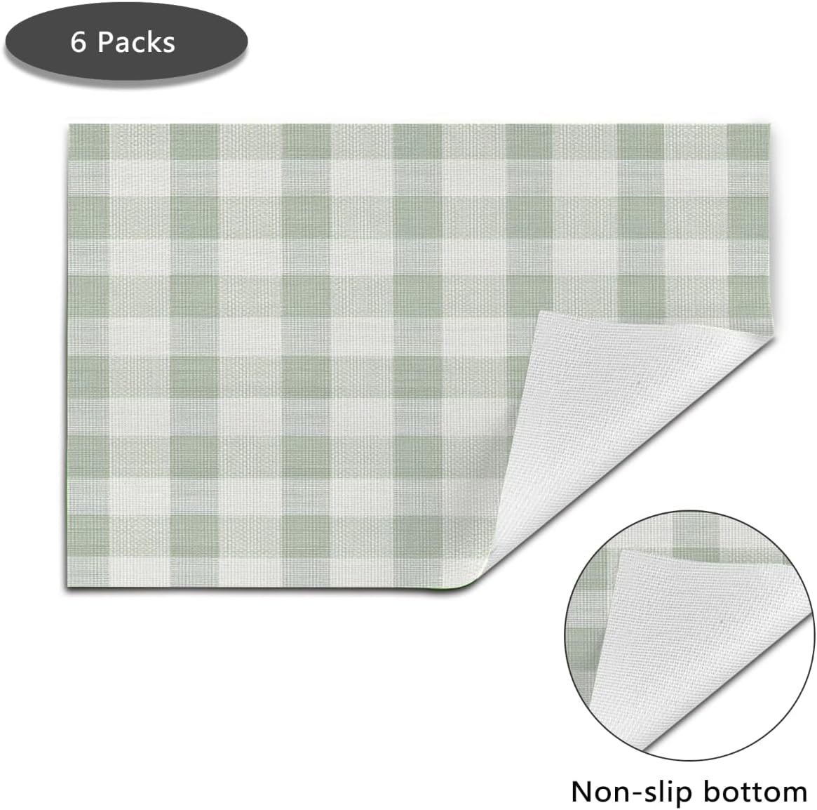 Spring Summer Vinyl Placemats Set of 6 for Dining Tables,Classic Light Green Gingham Checkered Plaid Kitchen Table Mats Heat Resistant Washable Wipeable PVC Place Mat for Indoor Outdoor Seasonal Party