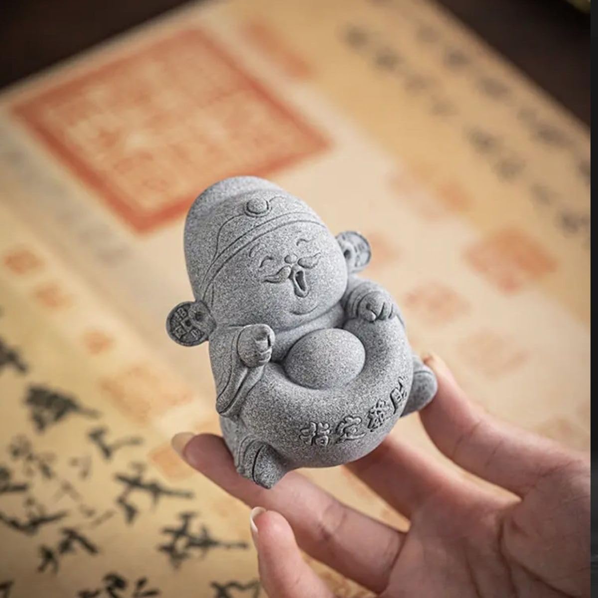 Feng Shui Caishen Statue, Sandstone Wealth God Figurine, Aquarium Fish Tank Garden Decor (C)