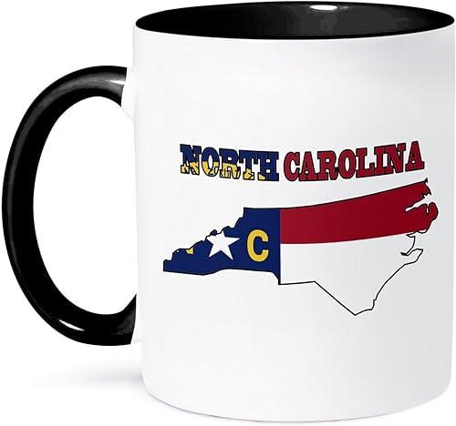 3dRose mug_58753_4 "Bandera del estado de Carolina del Norte en el mapa y letras para Carolina del Norte" Taza negra de dos tonos, 11 oz, multicolor