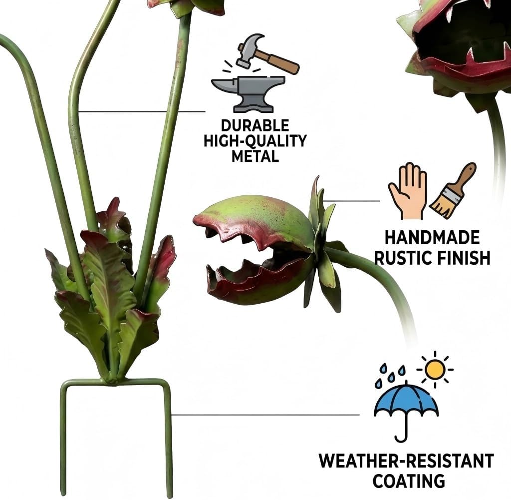 Lumen MLBJ Carnivorous Piranha Plant Metal Garden Stake Decor - Whimsical Handmade Iron Sculpture for Creepy Decorative Lawn, Unique Art Ornament for Gift