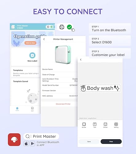Miniatura 7 de Vixic D1600 Bluetooth Label Maker (Comes with 4 Color Label Tapes) Bundle with 5-Pack 3D21 Black on White Tape, 12mm (12 Inch), Compatible D1600