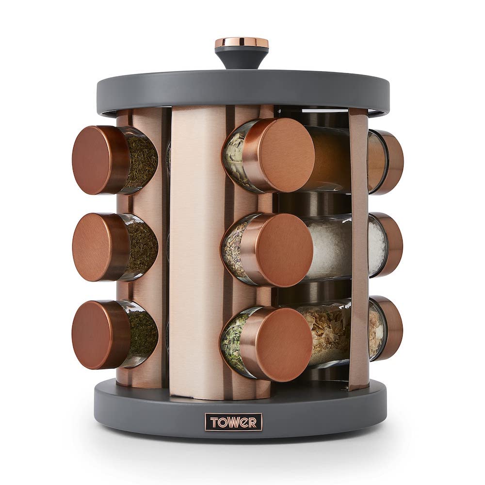 Tower T826022GRY Cavaletto 12 Jar Rotating Spice Rack with Pre-Filled Spices, Grey and Rose Gold