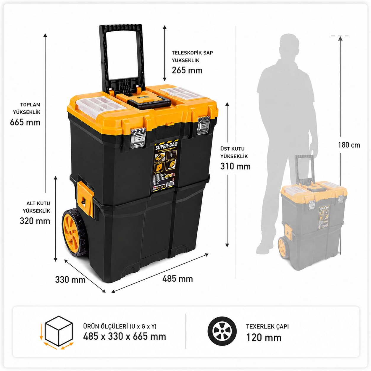 Super Bag Çift Katlı Tekerlekli Takım Çantası, Çekilebilir Saplı Modüler Alet Kutusu, Üst Organizer Bölmeli, Büyük Hacimli Depolama Çantası ASR5039