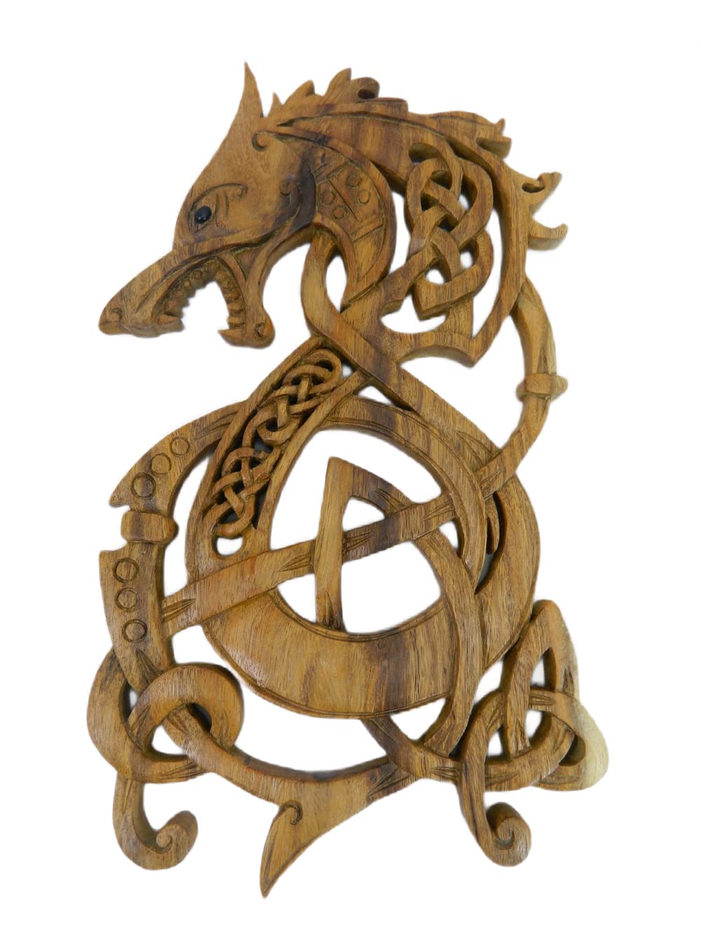 Brown Wooden Dragon Wolf Wall Art Carving Hanging Tile Plaque - Fenrir