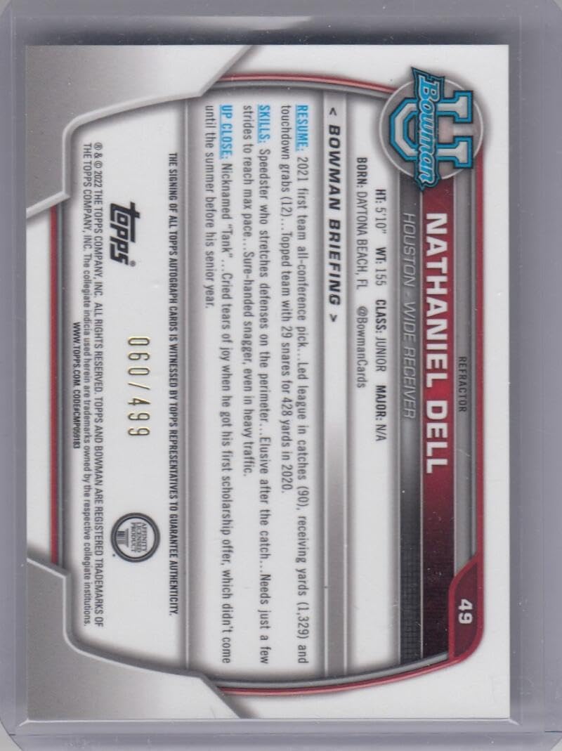Football Trading Card 2022 Bowman Chrome University Prospects Autograph Refractor #49 Nathaniel Dell EX/NM Auto 60/499