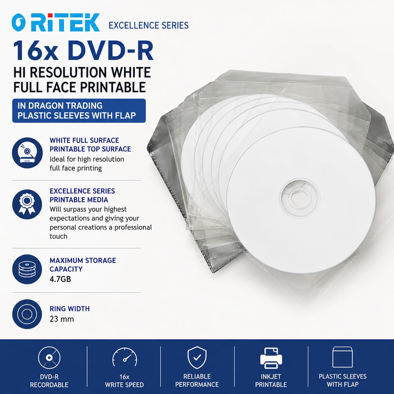 Ritek Lot de 5 DVD-R vierges imprimables à jet d'encre avec une vitesse d'écriture de 16x dans des pochettes en plastique avec rabat Blanc