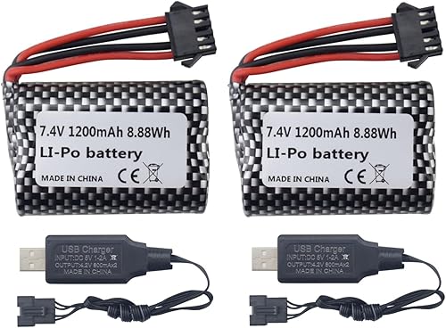 Batería de litio de 2 piezas de 7.4 V 1200 mAh con cable de carga USB adecuado para R206 R208 R308 TX122 TX123 H106 2008 RC Control remoto batería