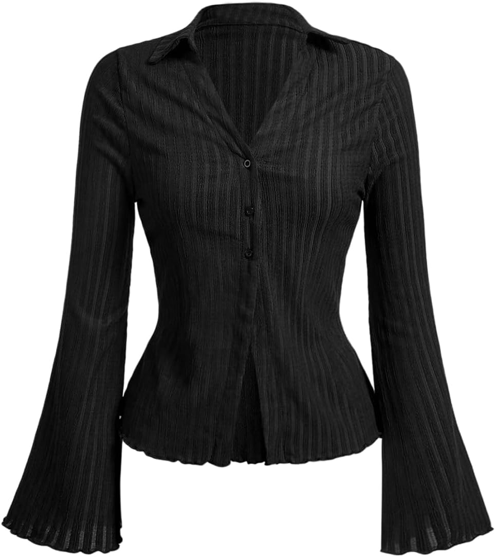 SOLY HUX Women's Button Down T Shirt Collared V Neck Bell Long Sleeve Casual Tops