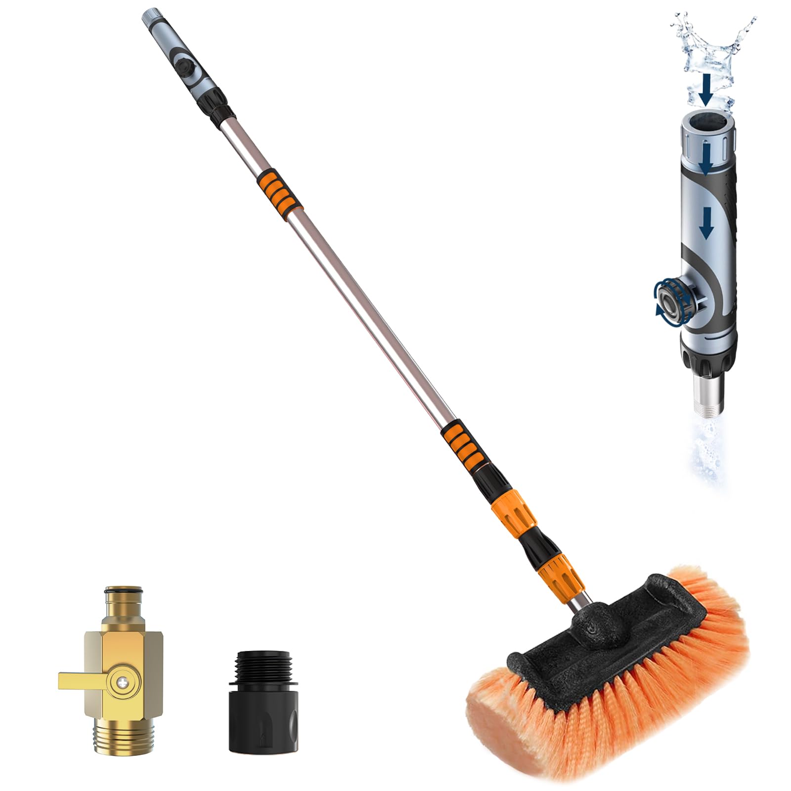 LAANPOLE 3.6M Telescopic Car Wash Brush, Water Fed Car Cleaning Brush Long Handle with Soap Dispenser, 12" Soft Bristle Brush for Cars, Caravan, Solar Panel and Windows,Orange
