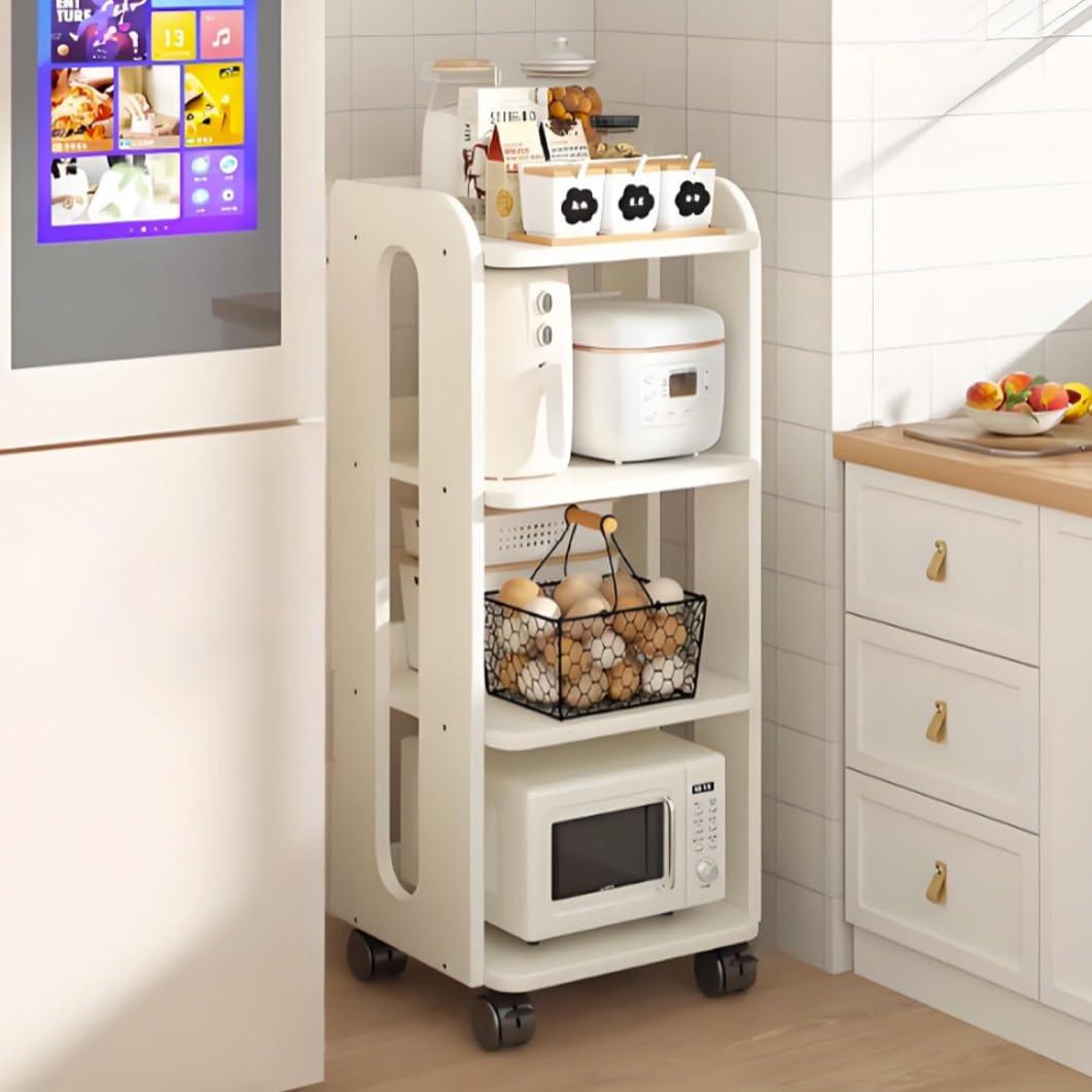 YVYKFZD Narrow Standing Shelf, Wooden Slim Storage Cart, Rolling Kitchen Utility Cart with Wheels, Freestanding Bathroom Organizer, for Dining Room, Pantry, Bakers(White,4 Tier 18.1"x10.2"x39.1")