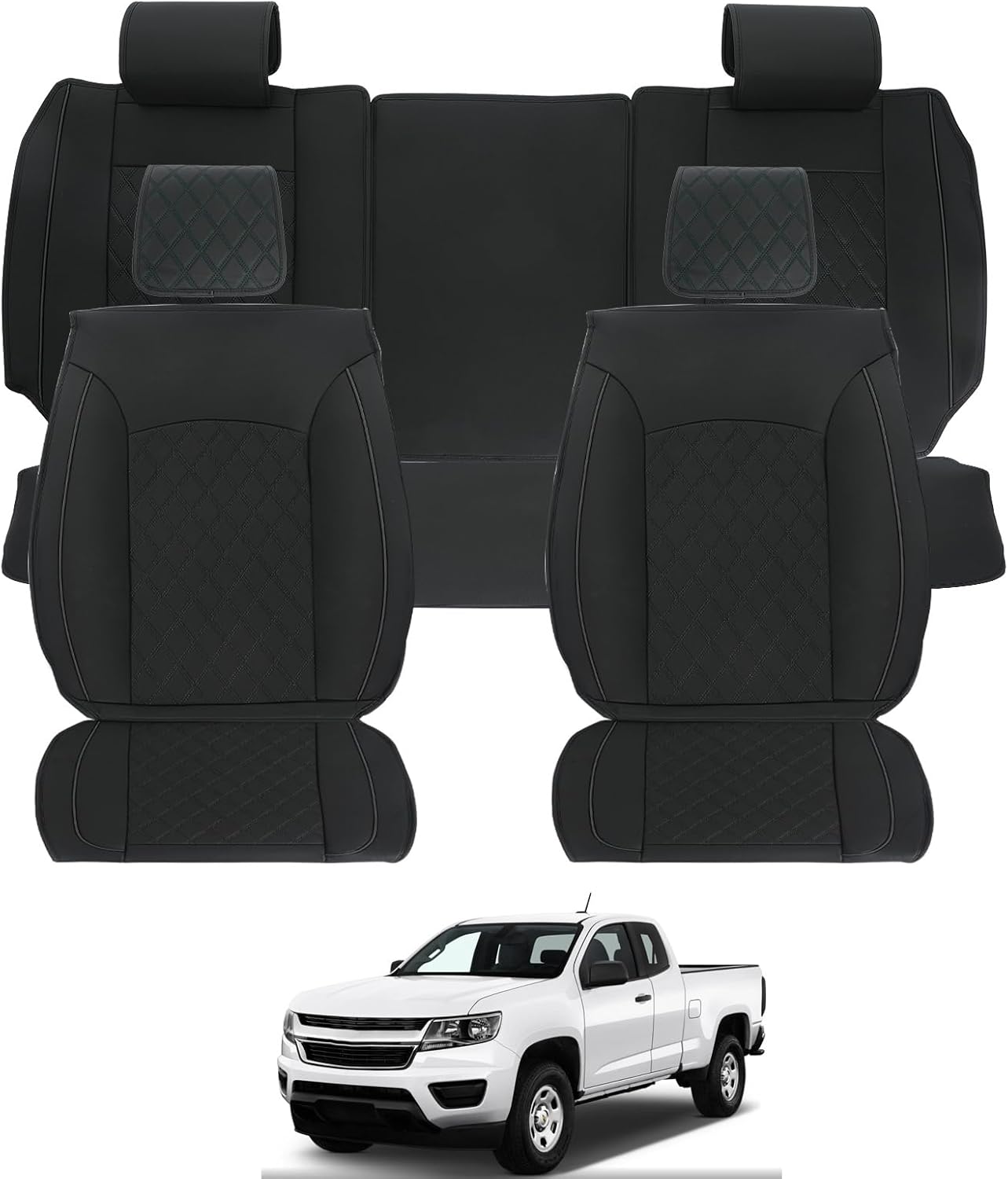 ROCCS Leather Seat Covers 5 Seats Full Set Fit for Chevy Colorado 2015-2022 Cushion Cover Breathable,Colorado Crew Cab Z71 LT ZR2 Work Truck Airbag Compatible Waterproof Truck Seat Cover Black