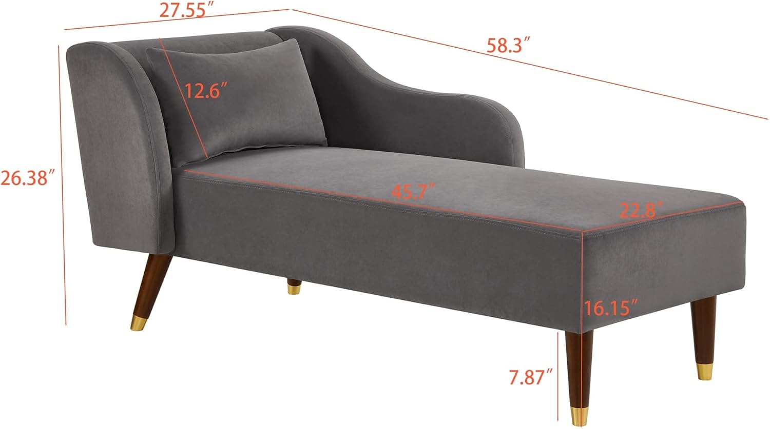 Modern Grey Velvet Chaise Lounge Indoor, Fainting Couch Chaise Lounge for Living Room or Bedroom, Curved Armrest Sofa with Solid Wood Legs and Pillow, Elegant Upholstered Recliner Chair