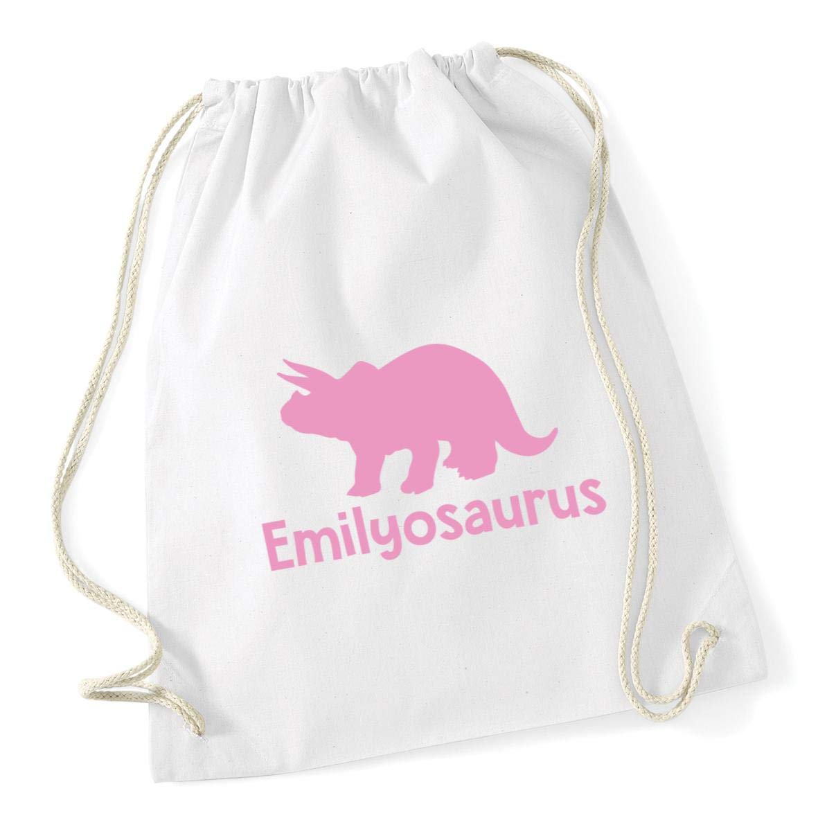 Hippowarehouse PERSONALISED your name osaurus Triceratops dinosaur pink Drawstring Cotton School Gym Bag 37cm x 46cm, 12 litres