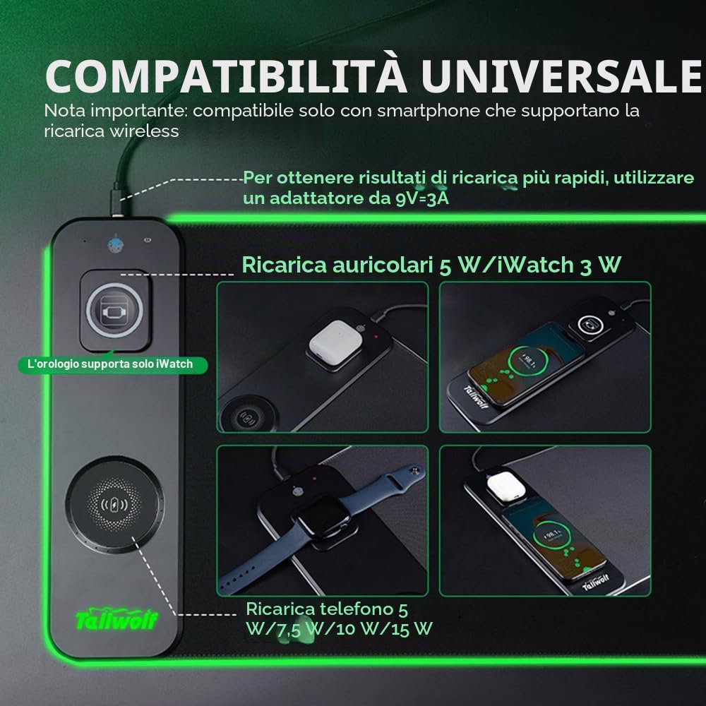 3 in1 Wireless Charging RGB Gaming Mouse PAD, 15W 10 modalità di luce, 800 * 300 * 4 mm LED Charging Mouse Pad, tappetino da scrivania per telefoni standard Ql wireless/mouse/orologi