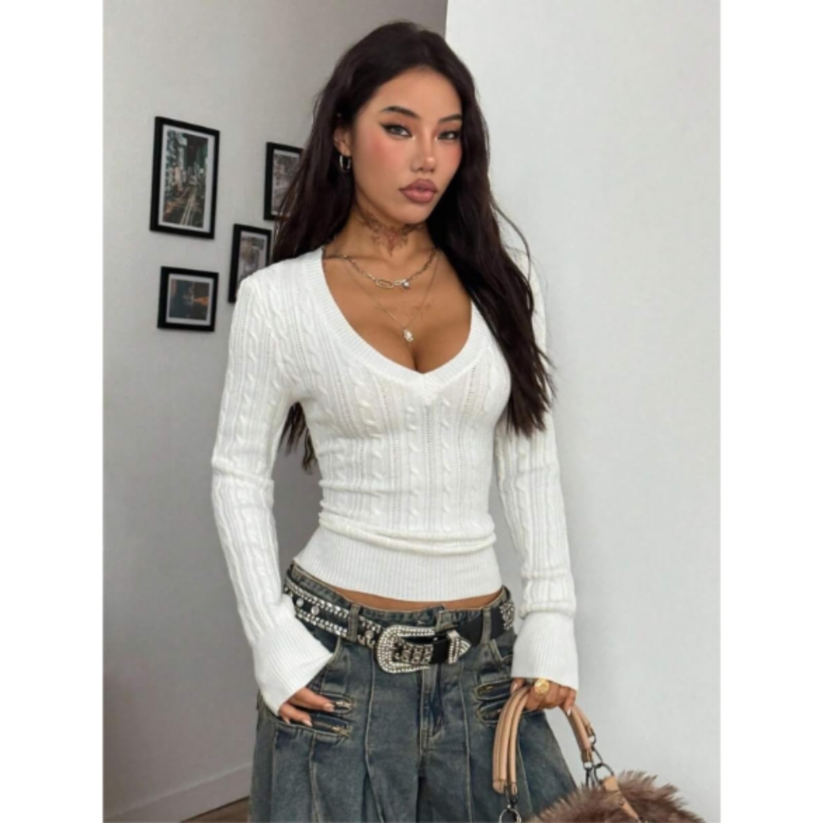 HJDMO - Maglione da donna con scollo a V, a maniche lunghe, vestibilità