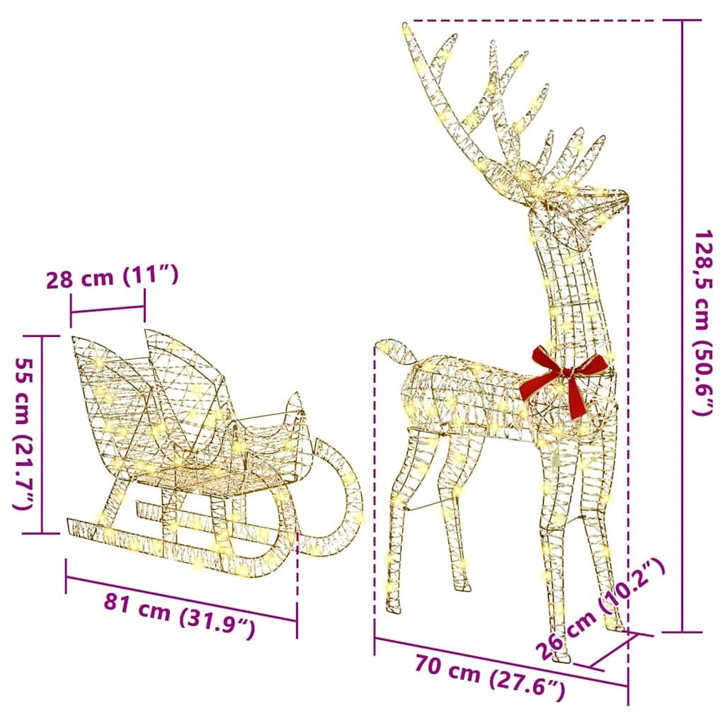 Rentier Schlitten Weihnachtsdeko warmweiß 70 x 26 x 129 cm PET mit LED-Lichtern wetterfest für Innen- und Außenbereich festliche Dekoration